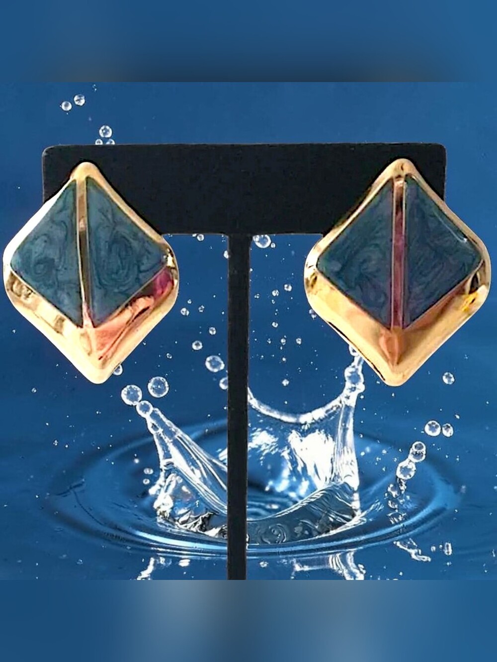 Vtg 80s Bold Blue Enameled Earrings Gold Tone Modernist Maximalist Retro Style